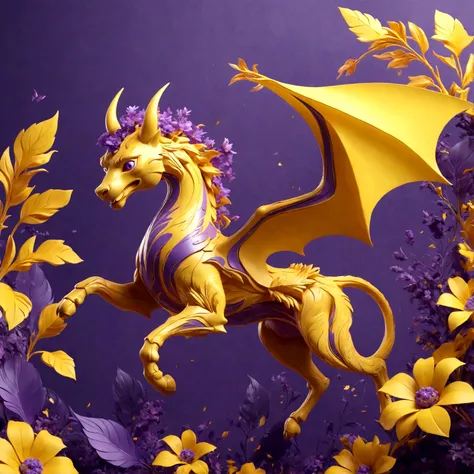 abstract 3D shape flying Chimera, foliage and flowers incorporated, light emitting, purple and yellow background