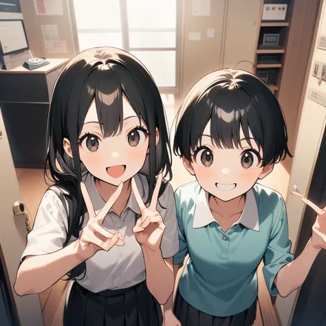 A confident smile, かわいいポーズをとっているtwo students demonstrating a gesture commonly associated with a peace sign while speaking by teleTelephone, skirt, Black Hair, indoor, in, Telephone, shirt, ((((complete fiine fingers))))