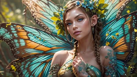 beautiful faerie woman, elf ear, flying, massive monarch butterfly wings between shoulder blades, glowing blue eyes, detailed pr...