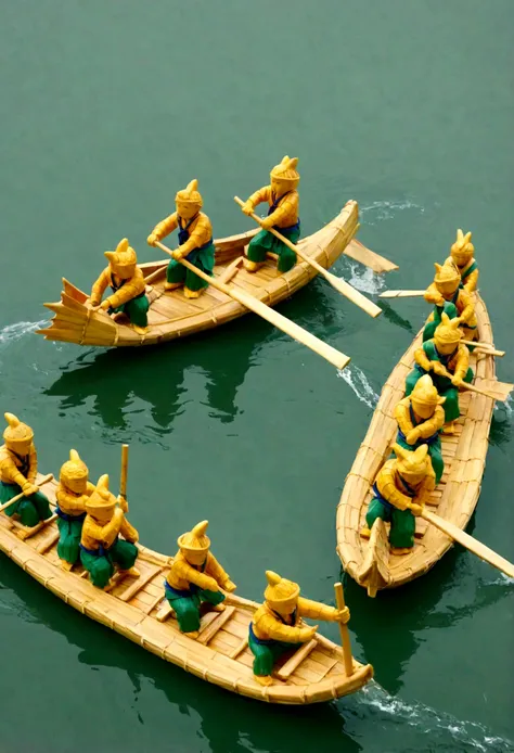 a miniature scene，a group of people are competing in dragon boats made with bamboo， during the dragon boat festival in china, in...