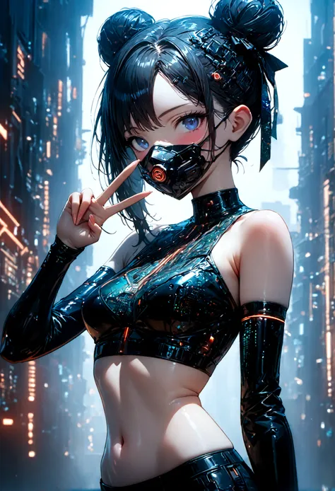 beautiful cybernetics girl, heart hair bun, hair accessories, (delicate skin), pale skin, black crop top made of circuit boards,...