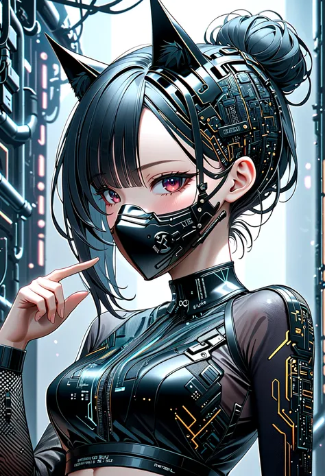 beautiful cybernetics girl, heart hair bun, hair accessories, (delicate skin), pale skin, black crop top made of circuit boards,...