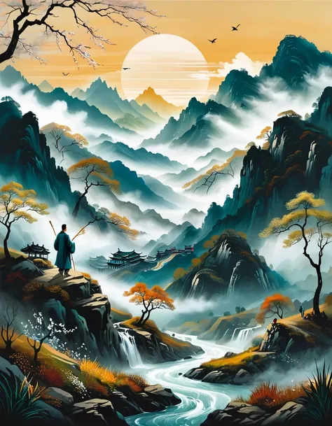 The overall color is cold, and the background is a dark color, symbolizing the sorrow of autumn and the desolation of the wind and spring; mountains and valleys are drawn in the middle of the picture, and flowing lines represent the spring water; mountains...