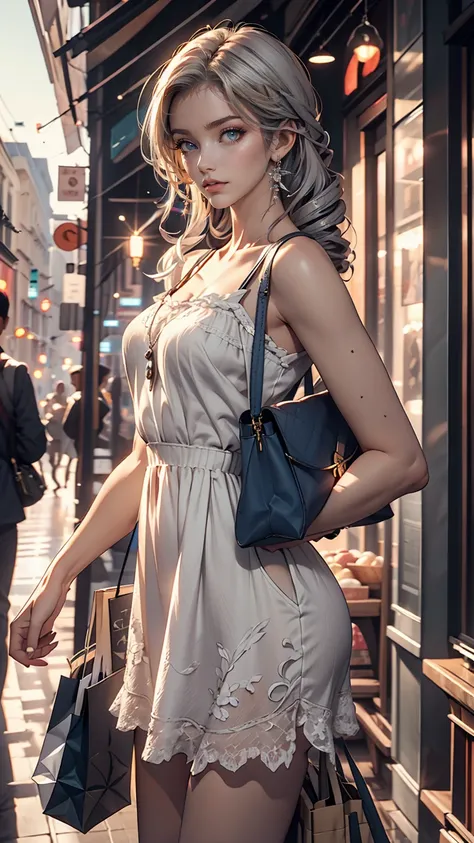 24 year old Caucasian female、blue eyes、Silver Hair、long hair、Vertical roll on one side((side drill))、Wear a sheer camisole dress、Wear mules、Tote bag on shoulder、French bread comes out of the tote bag、Shopping in the downtown area