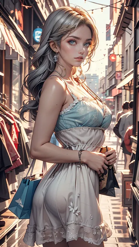 24 year old Caucasian female、blue eyes、Silver Hair、long hair、Vertical roll on one side((side drill))、Wear a sheer camisole dress、Wear mules、Tote bag on shoulder、French bread comes out of the tote bag、Shopping in the downtown area