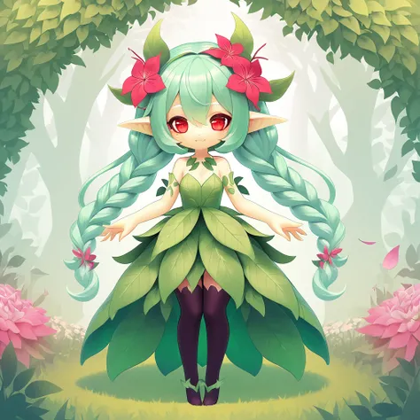 alraune monster girl with pale yellow skin red eyes grass necklace long silky green hair with a jagged leaf growing from it wearing leaf and vine dress with leggings  in a flower forest
