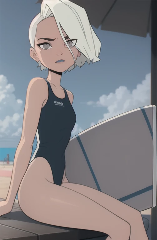 (dark theme:0.6), glucose as a lifesaver, 1 woman, 30 years old, mature and rough face, wrinkles on the face, One, short hair, in a black sleeveless one-piece swimsuit,  sexuality, Sexy long legs, High growth, is sitting, Sun, wound, beach, pool, surfboard...