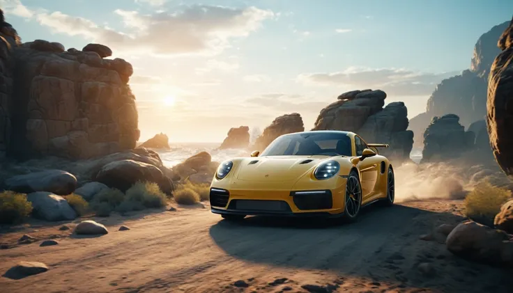 At sunset, the Porsche car pulls up in front of some rocks with the front facing the camera, in Unreal Engine 5 style, a blue sky with a full shot of a scene in a super realistic cinematic style, similar to a movie scene with high resolution photography qu...