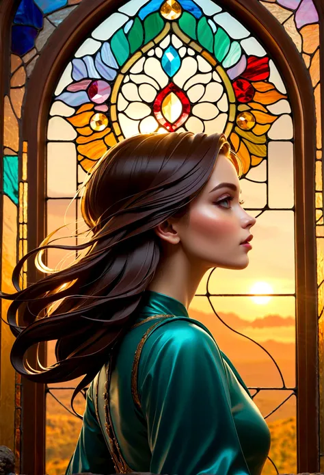 (masterpiece, Top quality, best quality,Official Art, beautiful and aesthetic:1.2),(1 Girl:1.3), 1 Girl BREAK stained glass art, Colored glass, lead, TranslucencyBREAK Bright colors, Complex design, Glow Effect, atmosphere