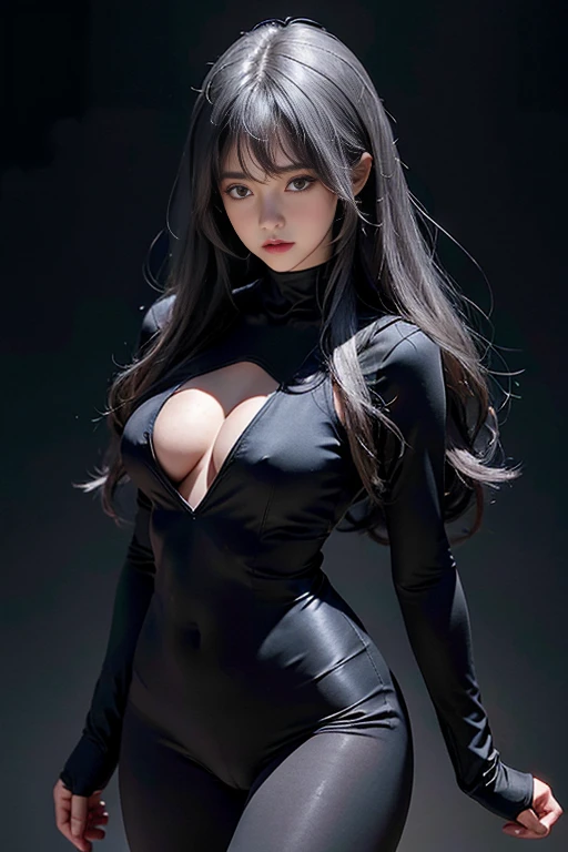 Tight-fitting full-body tights, Volumetric lighting、Highly detailed face、One girl、Exposed thighs、Exposed buttocks、(Accentuate small breasts)、、dark、Deep Shadow、Low Key、Hair length、Gray Hair、Top view