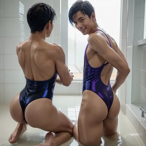 Japanese boy in swimsuit in pool, onepiece swimsuit, High-cut racing back swimsuit, solo, smile, Boy with wet short black hair, very white skin, the boy has a seductive look, Competitive swimsuit, looking_at_viewer, boy showing his ass on all fours, Cool b...