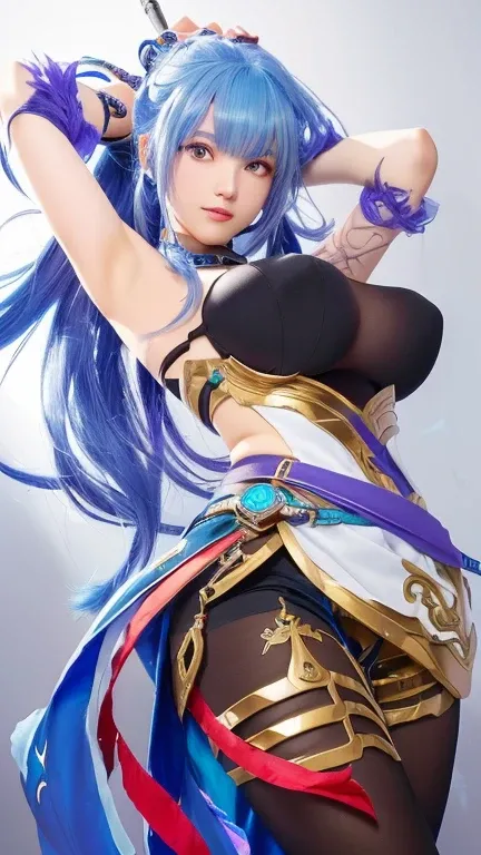 a close up of a woman with blue hair and a sword, extremely detailed artgerm,  goddess, aqua from konosuba, ayaka genshin impact, cushart krenz key art feminine, style artgerm, full body xianxia, keqing from genshin impact, genshin, irelia from league of l...