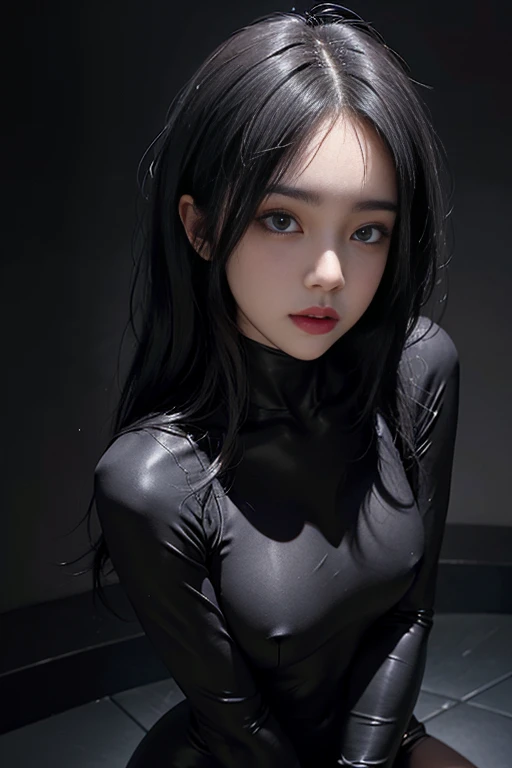 Skin-tight black bodysuit, Volumetric lighting、Highly detailed face、One girl、Exposed thighs、Exposed buttocks、(Accentuate small breasts)、、dark、Deep Shadow、Low Key、Hair length、Gray Hair、Top view