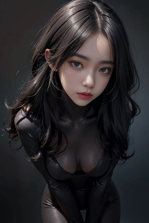 Skin-tight black bodysuit, Volumetric lighting、Highly detailed face、One girl、Exposed thighs、Exposed buttocks、(Accentuate small breasts)、、dark、Deep Shadow、Low Key、Hair length、Gray Hair、Top view