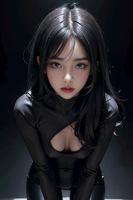 Skin-tight black bodysuit, Volumetric lighting、Highly detailed face、One girl、Exposed thighs、Exposed buttocks、(Accentuate small breasts)、、dark、Deep Shadow、Low Key、Hair length、Gray Hair、Top view