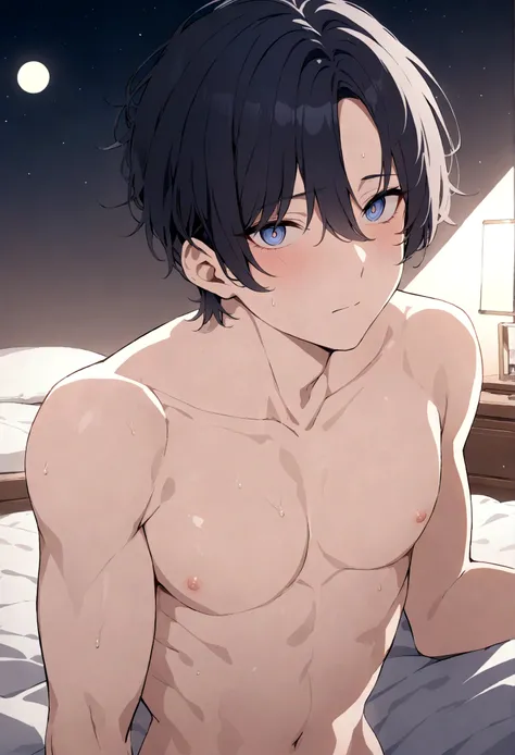 masterpiece, highest quality, (1 adult male),Upper body naked,bluish black hair,Bedroom,night,Soft moonlight,Highly detailed face,Highly detailed body,Highly detailed eyes