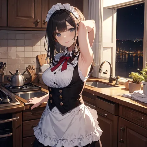 A maids, (in kitchen), various hair styles, night, details face, short skirt, seducing, sleeveless, maid uniform, armpits