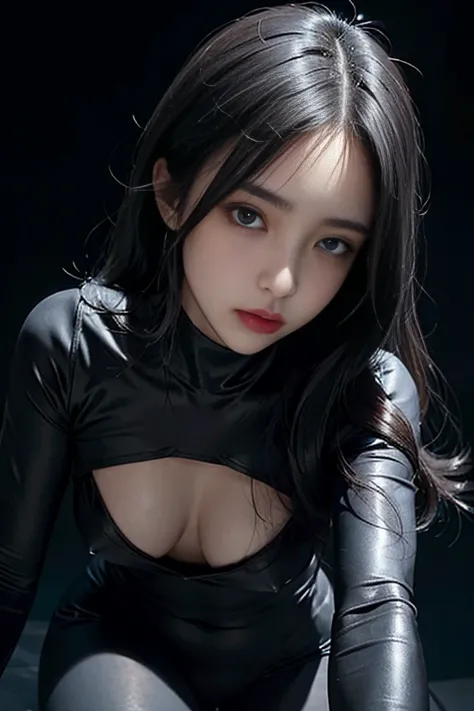 Skin-tight black bodysuit, Volumetric lighting、Highly detailed face、One girl、Exposed thighs、Exposed buttocks、(Accentuate small breasts)、、dark、Deep Shadow、Low Key、Hair length、Gray Hair、Top view