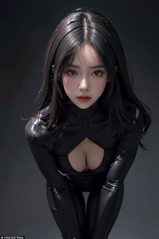 Skin-tight black bodysuit, Volumetric lighting、Highly detailed face、One girl、Exposed thighs、Exposed buttocks、(Accentuate small breasts)、、dark、Deep Shadow、Low Key、Hair length、Gray Hair、Top view