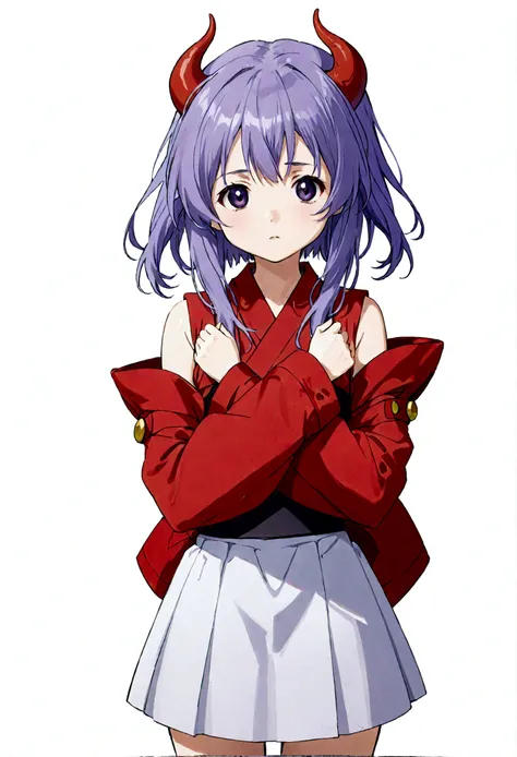 score_9, score_8_up, score_7_up, score_6_up, source_anime,BREAK , 1girl, hanyuu, solo, (tween:1.2), kawaii, ((horns)), medium breasts, purple eyes, purple hair, long hair, simple background, white background, japanese clothes, miko, skirt, hakama, hakama s...