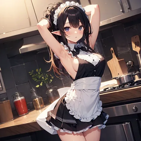 A maids, (in kitchen), various hair styles, night, details face, short skirt, seducing, sleeveless, maid uniform, armpits, elf