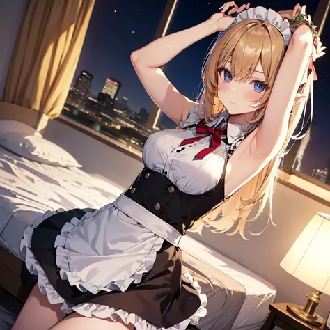 A maids, (in bedroom), various hair styles, night, details face, short skirt, seducing, sleeveless, maid uniform, armpits, elf