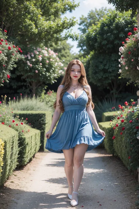 warm smile (red lips), golden long hair,blue eyes,blue dress,white stockings,jewelry necklace, pale girl, thick legs, walking, in a garden full of roses