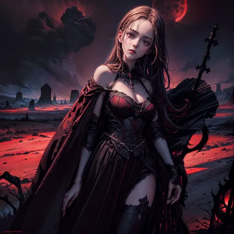 best quality, 4k, high resolution, masterpiece:1.2, Very detailed, actual:1.37, Mood lighting, girl, Crucified, Pitch black sky, Red Moonlight, strange atmosphere, Gothic style, Unforgettable beauty, Dramatic shadows, Ethereal Light, Mysterious atmosphere.