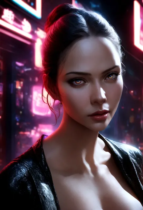 a woman in a tight black leather dress under a neon sign in a dark city of bars and nightclubs, beautiful detailed eyes, beautiful detailed lips, extremely detailed eyes and face, long eyelashes, dark moody atmosphere, neon lights, cyberpunk, cinematic, dr...