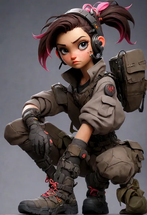 a pretty girl, 18 years old, cyberpunk outfit, grey background, military shoes, heroic pose