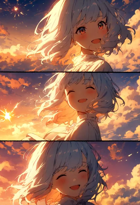 masterpiece, highest quality, Movie stills, One girl, Cloud Girl, Floating in the sky, close, bright, Happy, Warm and soft lighting, sunset, (spark:1.7)