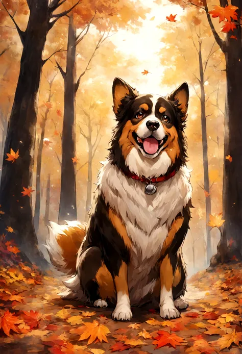 An artistic dog with a palette of autumn colors, painting the changing leaves in a forest.