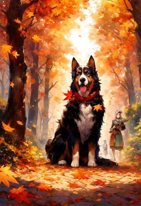 An artistic dog with a palette of autumn colors, painting the changing leaves in a forest.