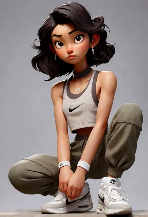 a pretty asian girl, 18 years old, tanktop, cargo pant, grey background, white nike sneakers