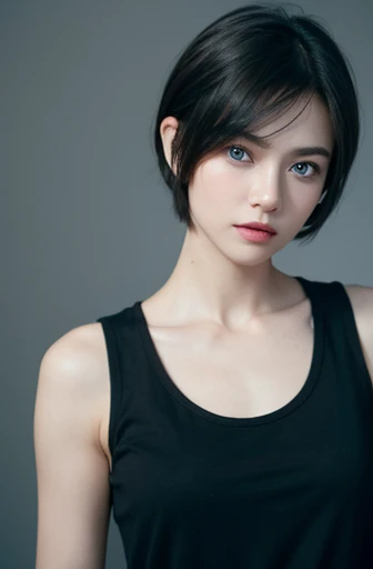 Black tank Top:1.2、look at viewer、cinematic lighting、perfect、soft light、high resolution skin:1.2、realistic skin texture、full body, realistic face、blue eyes、short hair、Gray background