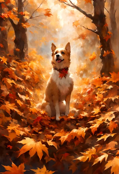 A painterly pup surrounded by a cascade of fall leaves, capturing the essence of the season.