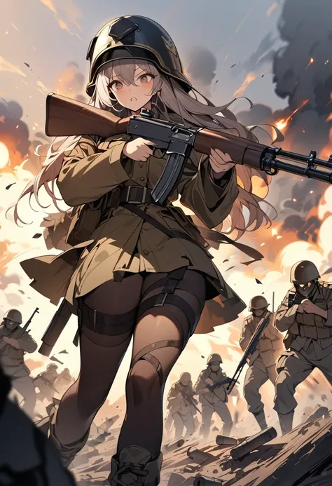 This lone female soldier is on the battlefield Assaulting on the battlefield.A female fallen angel is trying to grab the girl from the darkness behind the girl.The girl is wearing an old German army uniform.He wears a helmet and carries a rifle.The fallen ...