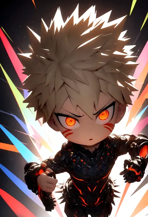 cute small chibi bakugo, detailed facial features, expressive eyes, detailed hair, dynamic pose, white background, 2d render, high quality, 4k, masterpiece, vibrant colors, dynamic lighting