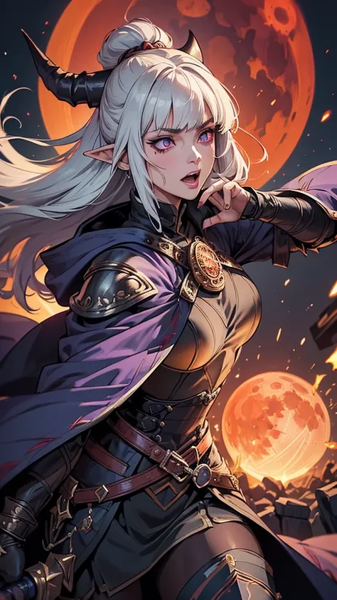 (Ultra-detailed face, Roar, shout:1.3), (Fantasy Illustration with Gothic & Ukiyo-e & Comic Art), (A middle-aged dark elf woman with white hair, blunt bangs, Very long disheveled hair, and dark purple skin, lavender eyes), (She is dressed in dusky, bloodst...