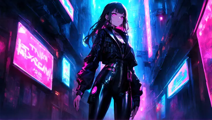 Create an image of a girl dressed in black latex in a neon-lit, hidden alley of a futuristic cyberpunk city. The scene should be dark and atmospheric, with vibrant neon signs and holograms illuminating the narrow streets. The girl should have an edgy and c...