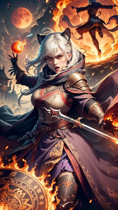 (Ultra-detailed face, Roar, shout:1.3), (Fantasy Illustration with Gothic & Ukiyo-e & Comic Art), (A middle-aged dark elf woman with white hair, blunt bangs, Very long disheveled hair, and dark purple skin, lavender eyes), (She is dressed in dusky, bloodst...