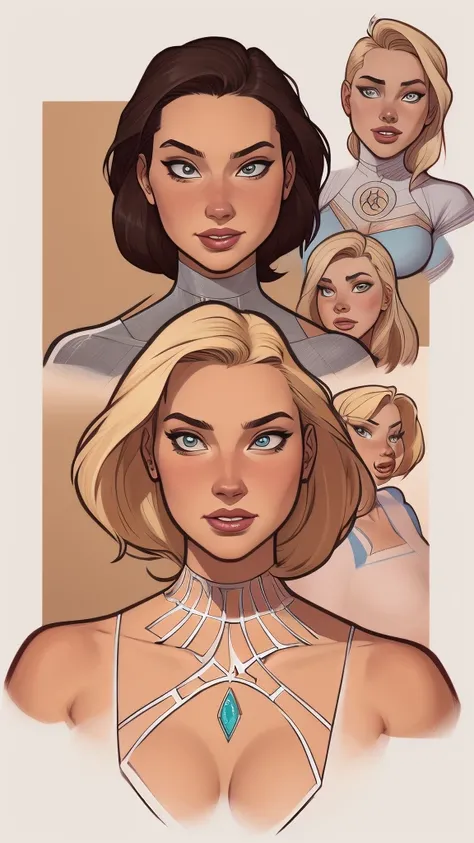 uma imagem de desenho animado de uma mulher com seios grandes e um colar, Betty Cooper, portrait of Emma Frost, Emma Frost, zenoscope, Gwen Stacy, Krenz Cushart e Artgerm, quadrinhos artgerm, phil noto arte em quadrinhos, J.. Scott Campbell, German style a...