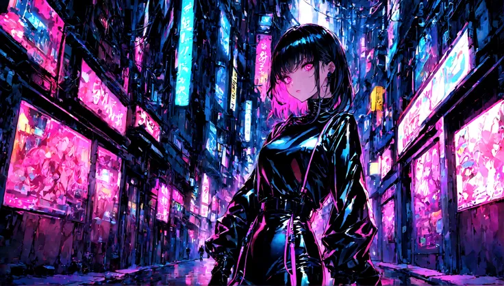 Create an image of a girl dressed in black latex in a neon-lit, hidden alley of a futuristic cyberpunk city. The scene should be dark and atmospheric, with vibrant neon signs and holograms illuminating the narrow streets. The girl should have an edgy and c...