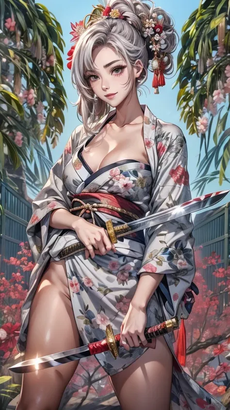 Shiny朱色の着物、Look at me、White floral print scattered all over、White flower hair ornament、Holding a knife in both hands、The kimono is mini length、Vermilion Hair、ponytail、Mole under the left side of the mouth、A kimono with a gorgeous floral pattern around the ...