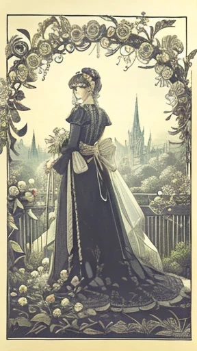 vintage,Large blank paper,Gothic,Lots of big flowers,Lady looking back