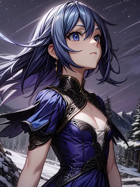 masterpiece, Best quality, Blue dress, Dark alpine forest, standing, night, Looking up, Upper body, detailed face, anime