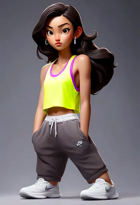 a pretty asian girl, 18 years old, neon color tanktop, short pant, grey background, white nike sneakers, standing