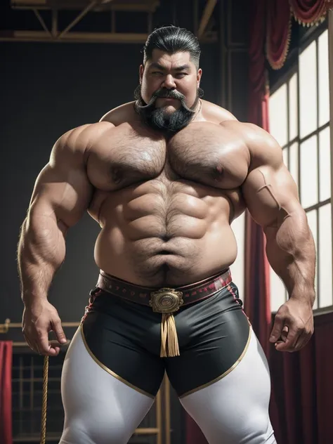  Hyperrealistic image of an elderly grey-haired Korean superhero 19th century steampunk trapeze artist with bare torso combed gray hair and huge handlebar mustaches A super heavy bodybuilder flexing his muscles. Un culturista obeso de cuerpo completo con u...