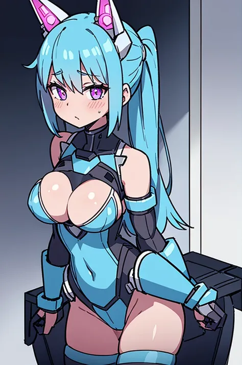 1girls athletic female big breasts blue hair blush gloves heart looking at viewer mask micro bikini partially clothed piercing presenting pussy robot robot girl solo standing thick thighs