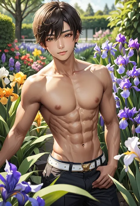 (best quality), realistic, iris, garden, 15 year old Japanese idol boy,  (abs:1.2), black short hair, tanned dark skin, (detailed brown eyes), (smile:0.8), (detailed areola:1.2)